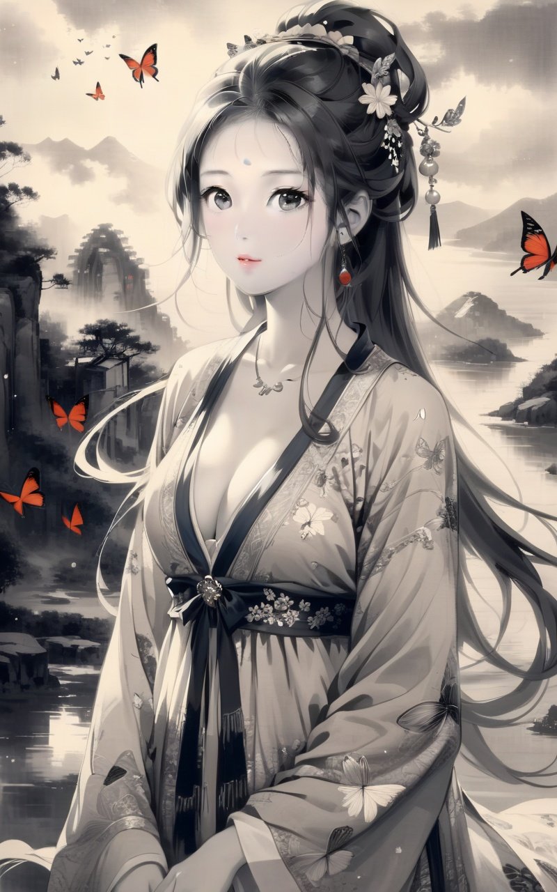 traditional chinese ink painting,black and white ink painting,<lora:GuFengXLLora:0.5>,best quality,Amazing,Beautiful golden eyes,finely detail,Depth of field,extremely detailed CG unity 8k wallpaper, masterpiece,(((Long dark blond hair))),((red mediumhair)),(1 girl),(white stockings ),(((((medium_breasts,))))),(hair ribbon),Exposing cleavage,((Beautiful butterflies in detail)),(((halter dress ))),huge ahoge,particle,(((solo))),(Background of details),standing,(Starry sky in beautiful detail),(((gloom (expression) depressed))),(Hazy fog),(((Very long hair))),{Fluttering hair},{Thick hair},{{{Gelatinous texture}}},{profile},(Ruins of beautiful details),(((Standing on the surface of the sea))),{Close-up of people},{{{Smooth skin}}},(((upper body))),(Smooth and radiant skin),(Smooth and radiant face),Perfect details,Beautifully gorgeous necklace,Authentic skin texture,{Cleavage},{{{Authentic and detailed face}}},(unexposed :1.5)