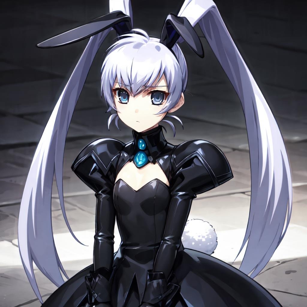 solo, Yashiro Kasumi, blue eyes, twintails, white hair, fake rabbit ears, looking at viewer, juliet sleeves, black dress, emotionless