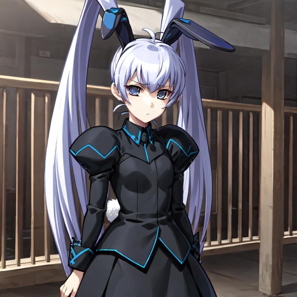 solo, Yashiro Kasumi, blue eyes, twintails, white hair, fake rabbit ears, looking at viewer, juliet sleeves, uniform, skirt, emotionless