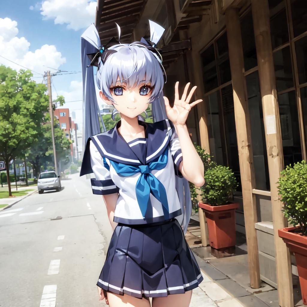 solo, Yashiro Kasumi, blue eyes, twintails, white hair, (fake animal ears:1.1), looking at viewer, school uniform, light smile, hair ornament