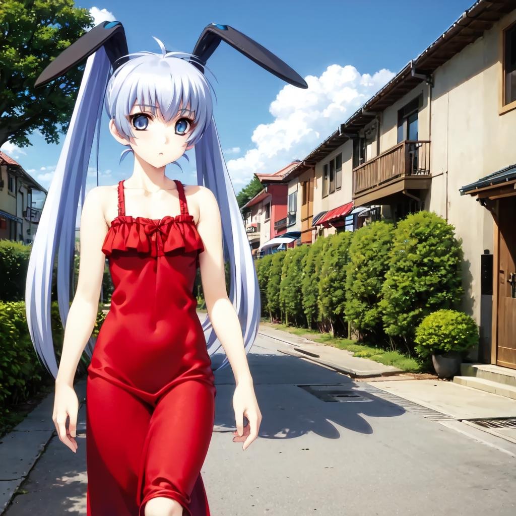 solo, Yashiro Kasumi, twintails, blue eyes, white hair, fake rabbit ears, red sundress, walking through town