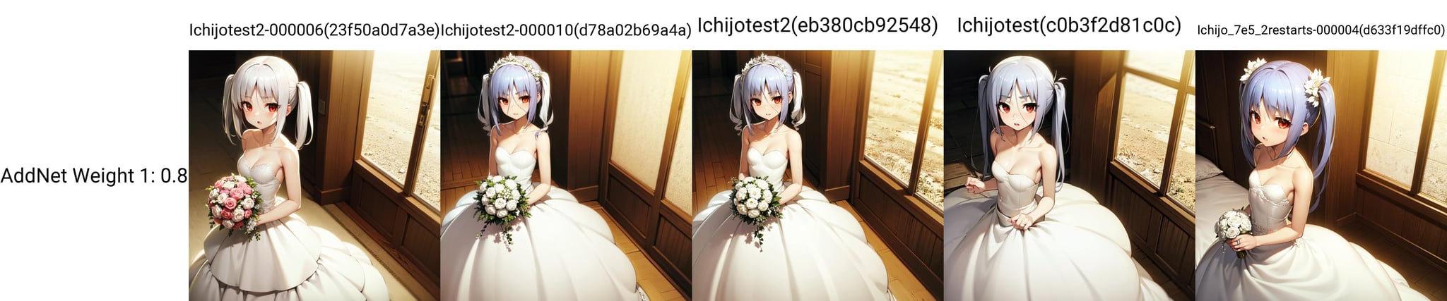 solo, Ayane Ichijou, red eyes, white hair, wedding dress, twintails