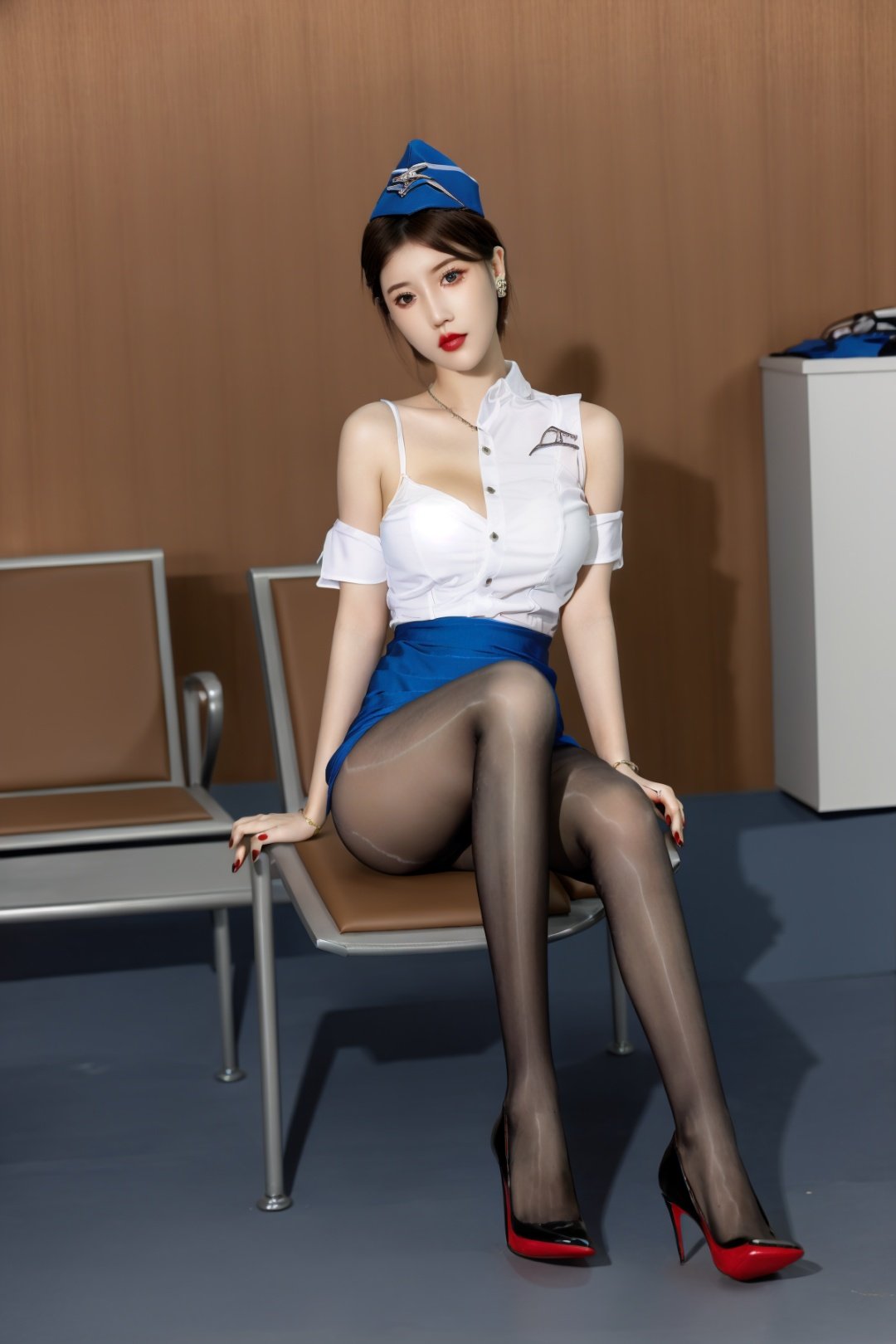 masterpiece,best quality,extremelydetailed,1girl, high_heels, skirt, nail_polish, pantyhose, sitting, solo, earrings, hat, desk, jewelry, brown_hair, breasts, indoors, lipstick, lips, shirt, red_nails,<lora:Black stockings stewardess:0.8>,<lora:超级御姐脸:0.4>