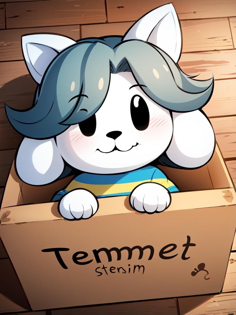 (temmie:1.2), (chibi:1.2), (cat ears, temmie ears:1.1), paws, (blue and yellow striped shirt), grey hair, long hair, white fur, cardboard box, wooden floor, laying on back, dramatic lighting, (from above, looking at viewer), <lora:Temmie v3:0.7>