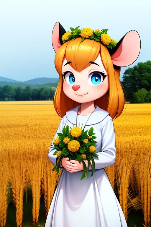 <lora:gadget_hackwrench_v12_30:0.6> gadget_hackwrench, (white slav dress), ((white dress)), (wreath on head), (bright clear sky), (yellow wheat field), smile, looking at viewer, standing, centered picture, (18yo female), (looking at viewer), long wide sleeves, mouse ears, snout,, (high quality:1.2), masterpiece, detailed, highres, 4k, sharp focus