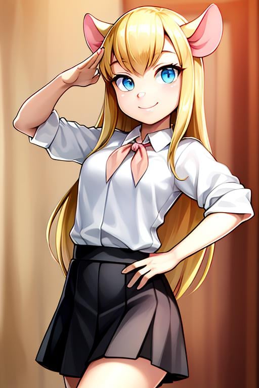 <lora:gadget_hackwrench_v12_30:0.75> gadget_hackwrench, cowboy shot, smile, solo, blonde hair, (snout), mouse ears, <lora:sovietPioneers_sopiV10:1.2>, sopi, white shirt, [[red tie]], saluting, black skirt, (unsymmetrical), (high quality:1.2), masterpiece, detailed, highres, 4k, sharp focus