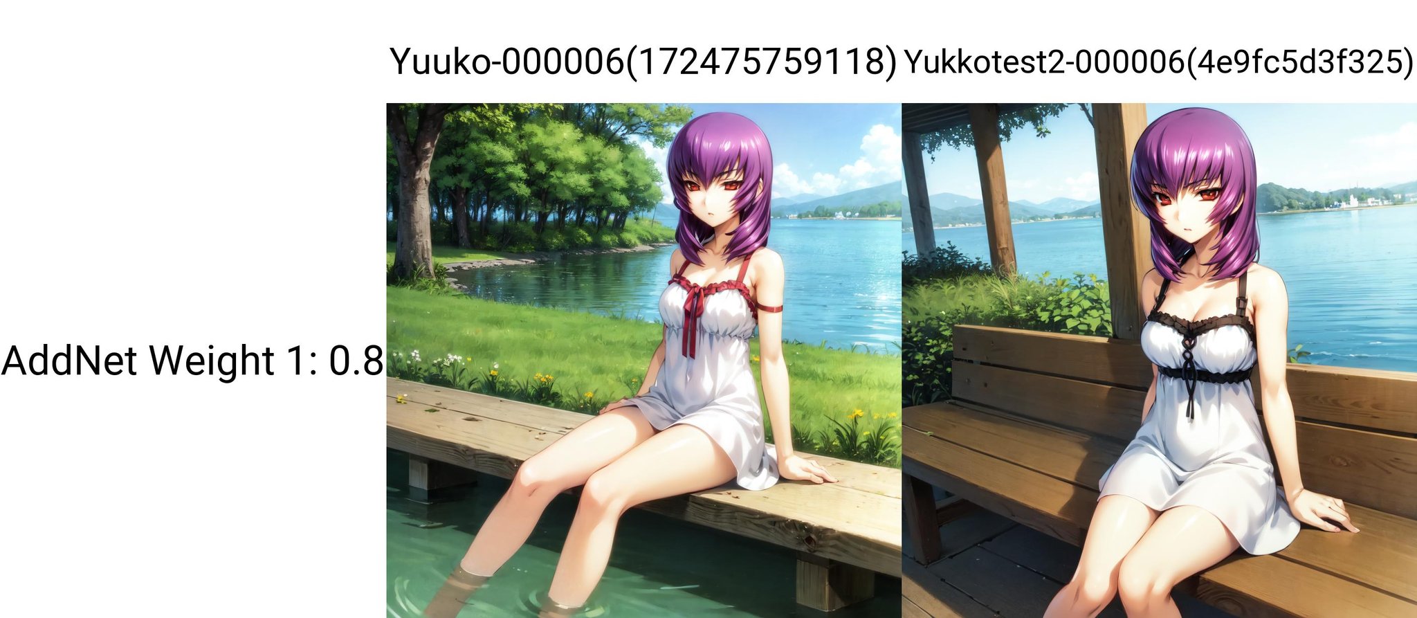 solo, Kouzuki Yuuko, purple hair, red eyes, (sundress:1.2), sitting by the lake, shoulder straps