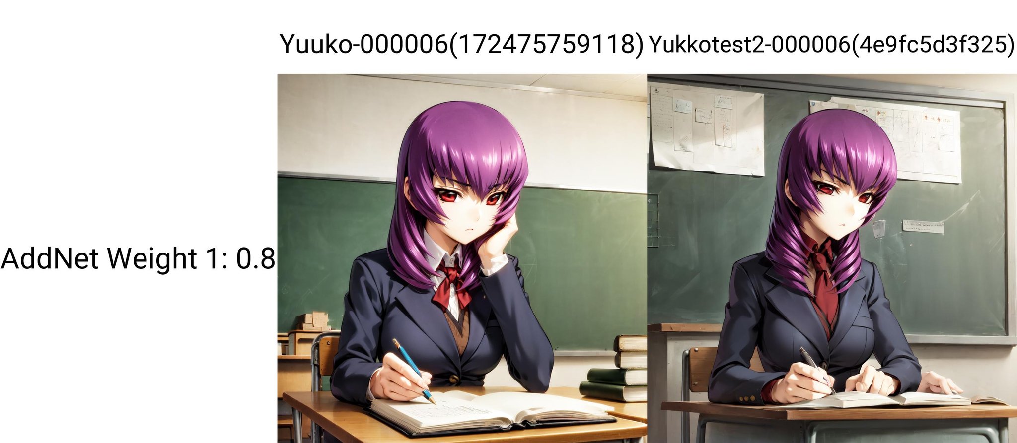 solo, Kouzuki Yuuko, purple hair, red eyes, (school uniform:1.1), classroom, sitting at a desk, notebook, holding pencil, studying, leaning against desk