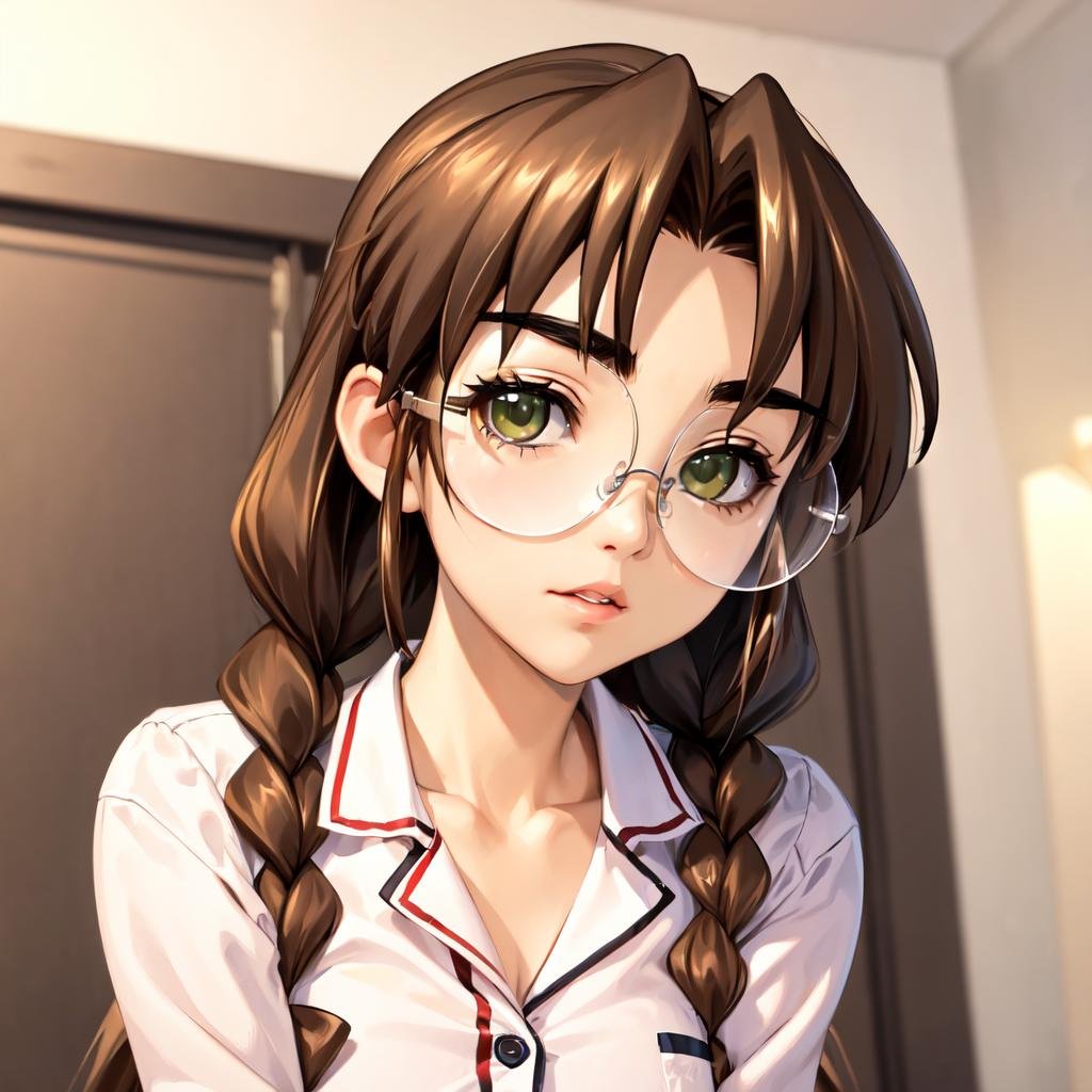 (solo:1.1), Sakaki Chizuru, brown hair, green eyes, twin braids, glasses, looking at viewer, in love, entranced, parted lips, imminent kiss, (pov:1.2), pyjamas