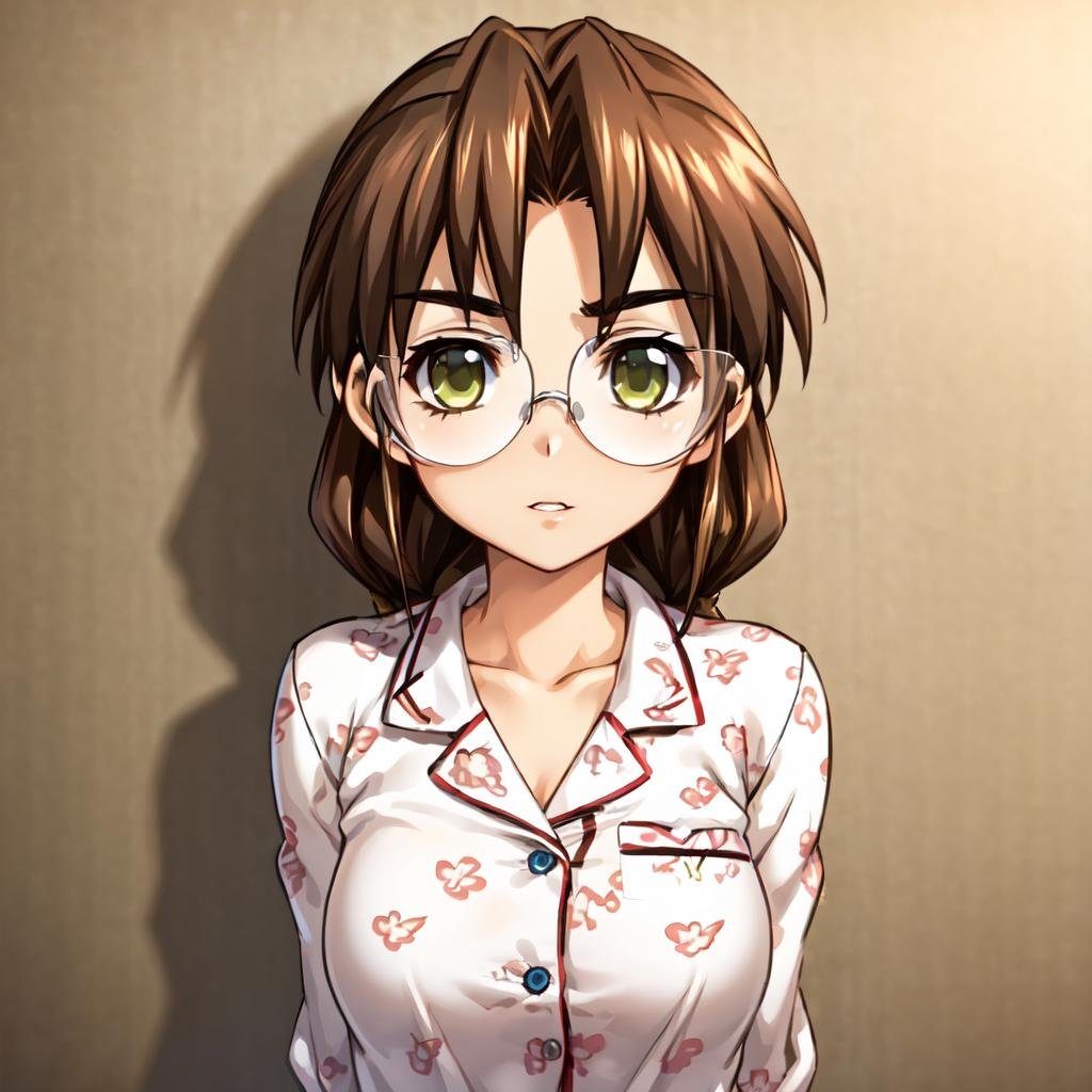 (solo:1.1), Sakaki Chizuru, brown hair, green eyes, twin braids, glasses, looking at viewer, in love, entranced, parted lips, imminent kiss, (pov:1.2), pyjamas