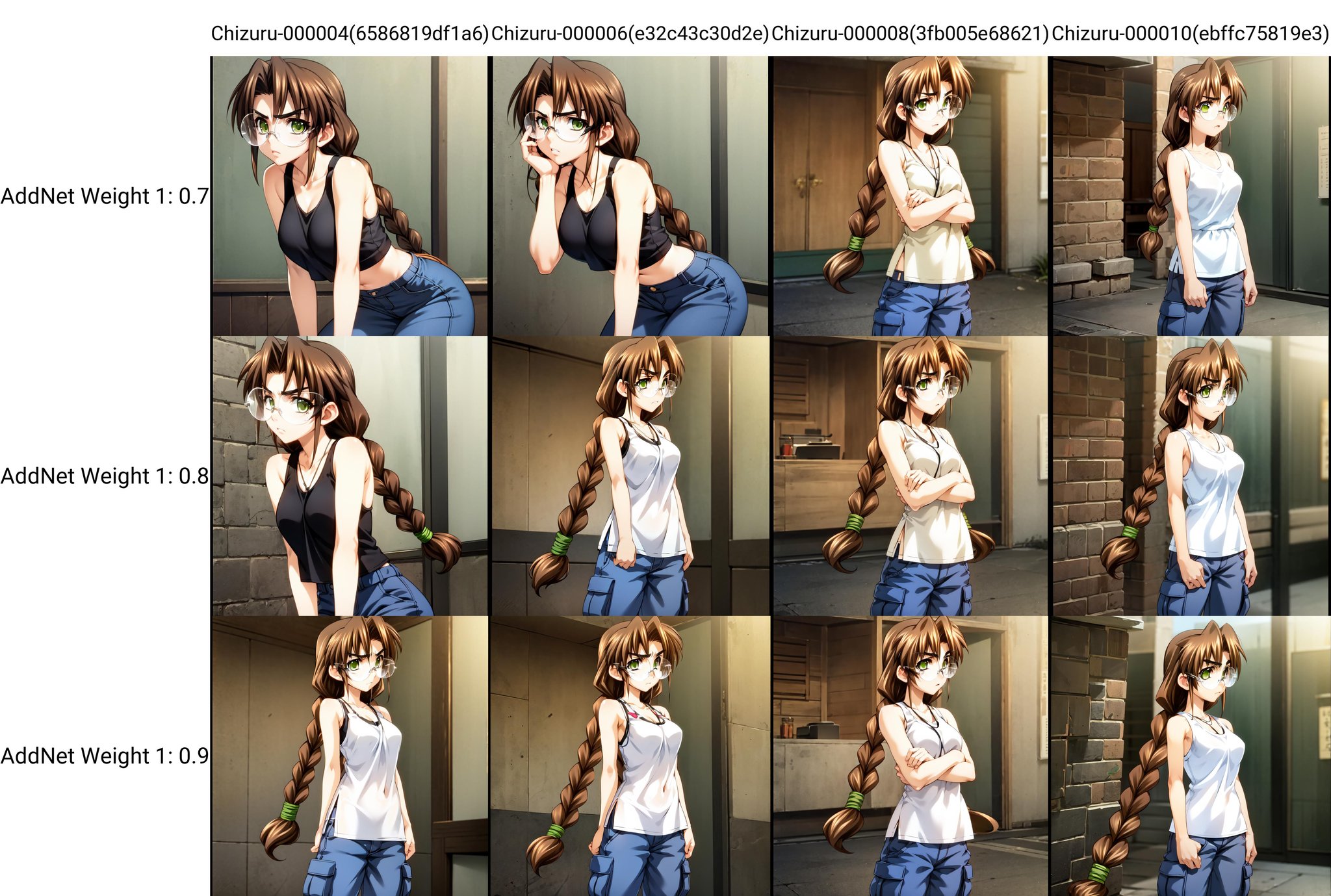 solo, Sakaki Chizuru, brown hair, green eyes, twin braids, glasses, tank top, pants, annoyed, adjusting glasses