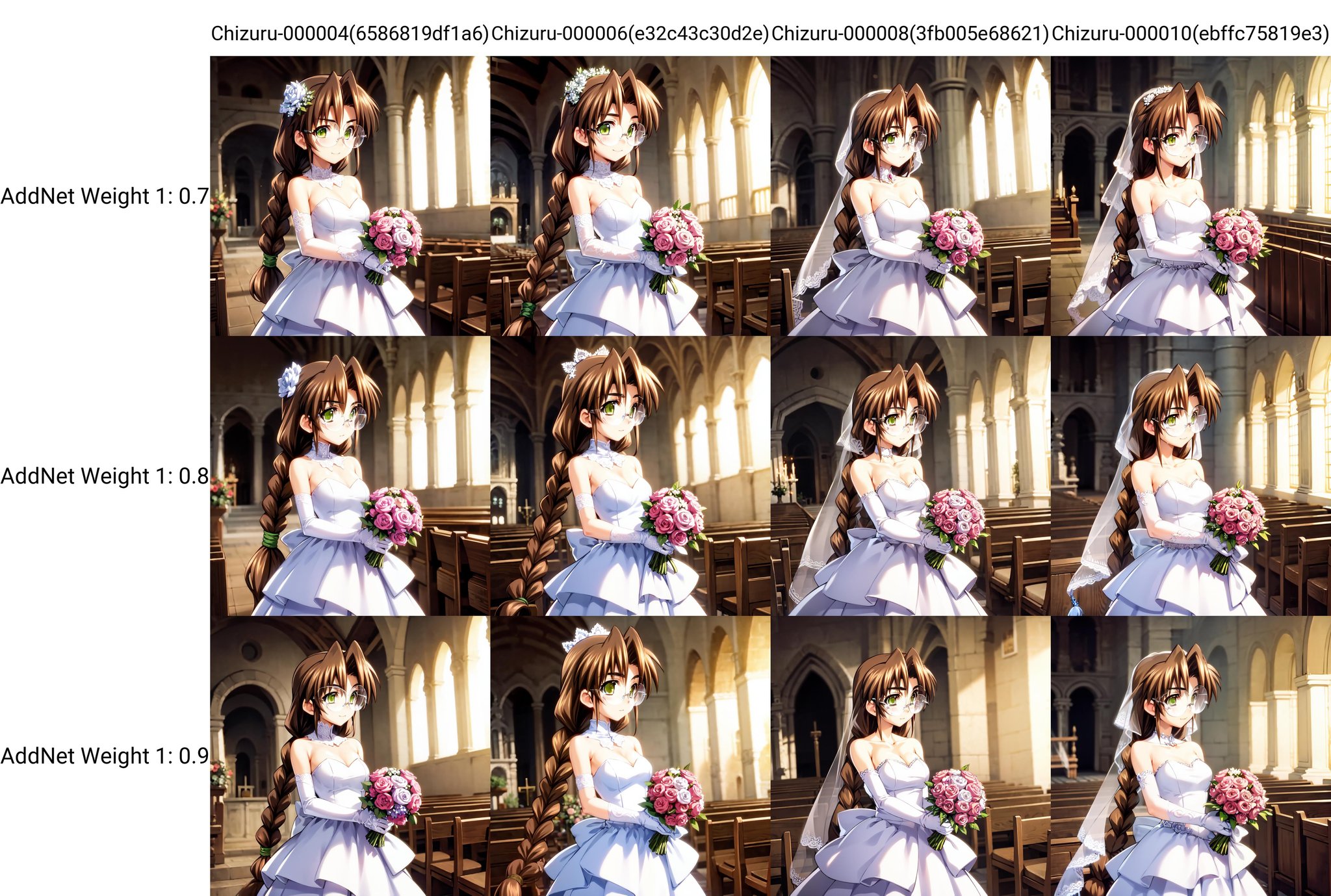 solo, Sakaki Chizuru, brown hair, green eyes, twin braids, glasses, wedding dress, bridal gloves, holding flowers, wedding, church, blush, happy