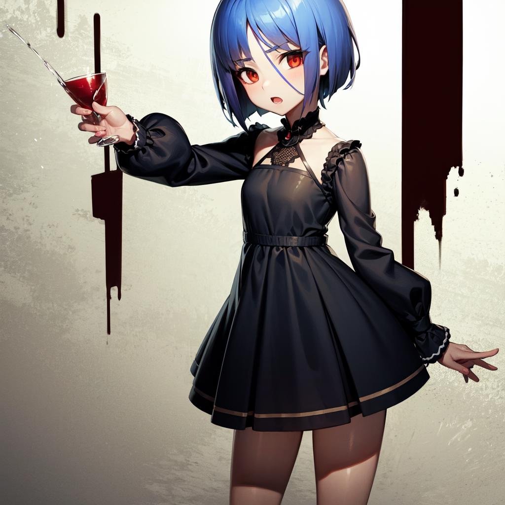 solo, Ayane Ichijou, red eyes, blue hair, short hair, formal, black dress, puffy dress, long sleeves, (party:1.2)