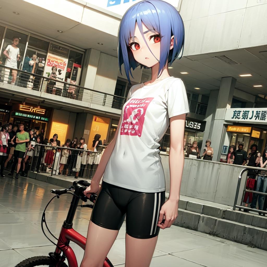 solo, Ayane Ichijou, red eyes, blue hair, short hair, t-shirt, bike shorts, shopping mall