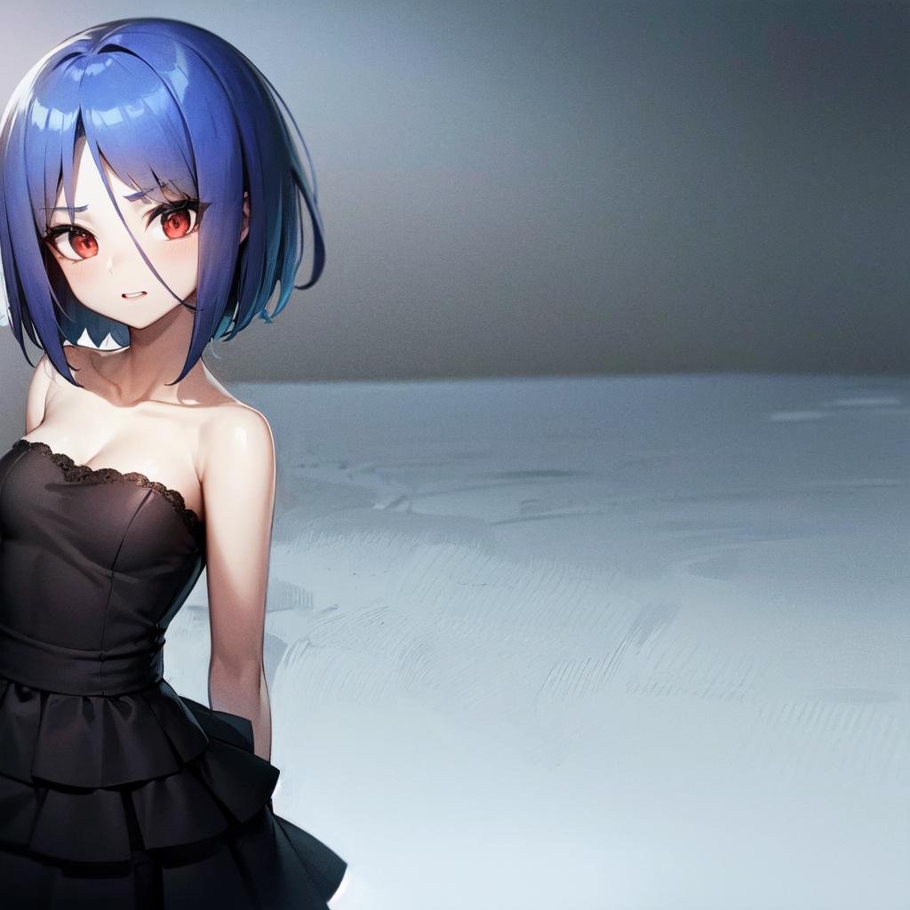 solo, Ayane Ichijou, red eyes, blue hair, short hair, formal, black dress