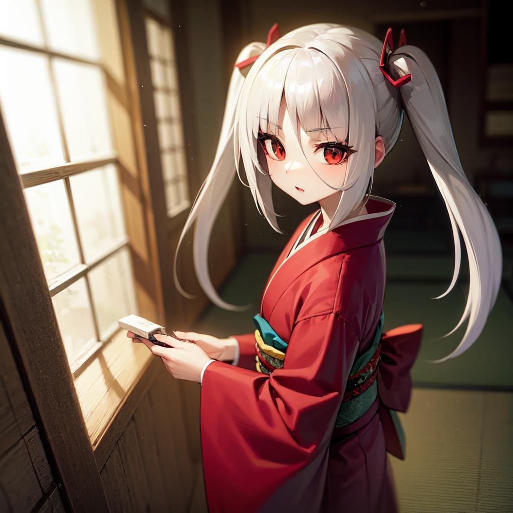 solo, Ayane Ichijou, red eyes, white hair, kimono, twintails