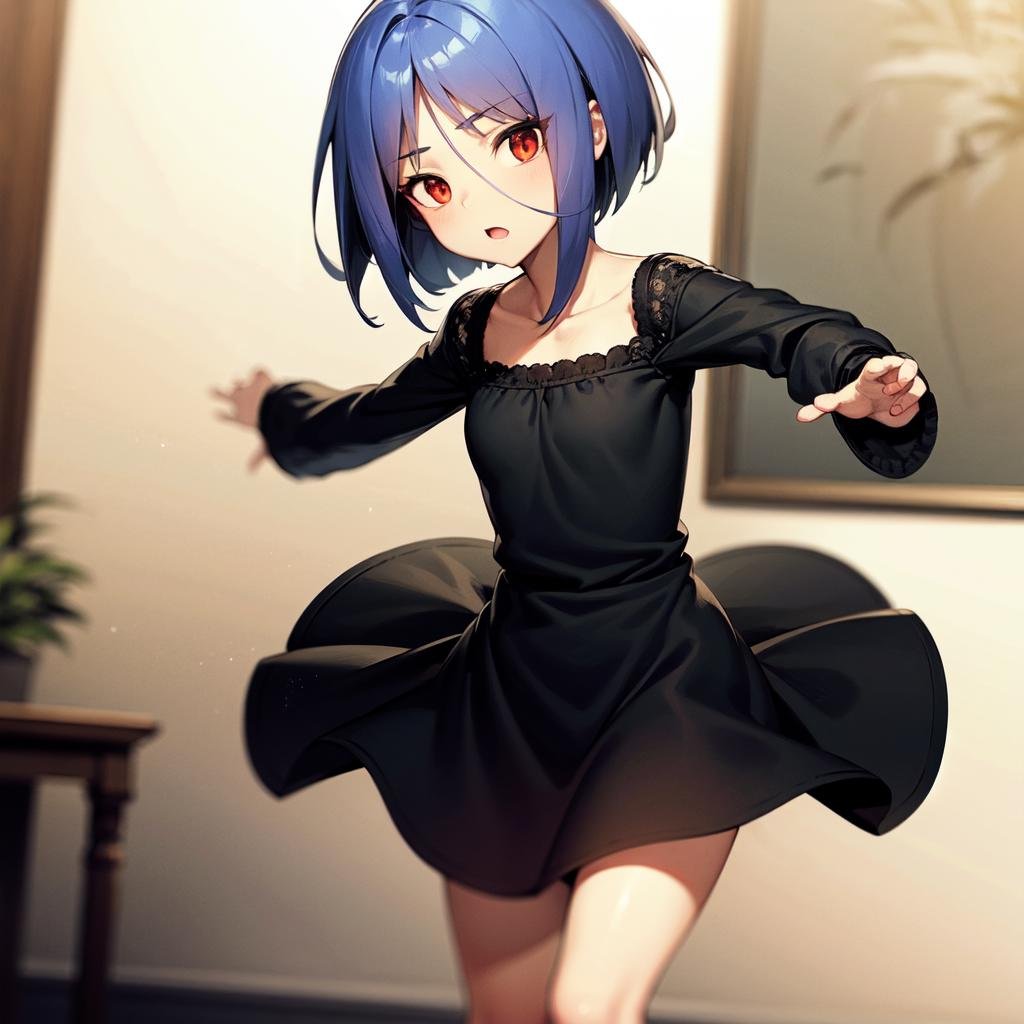 solo, Ayane Ichijou, red eyes, blue hair, short hair, formal, black dress, puffy dress, long sleeves, at a party