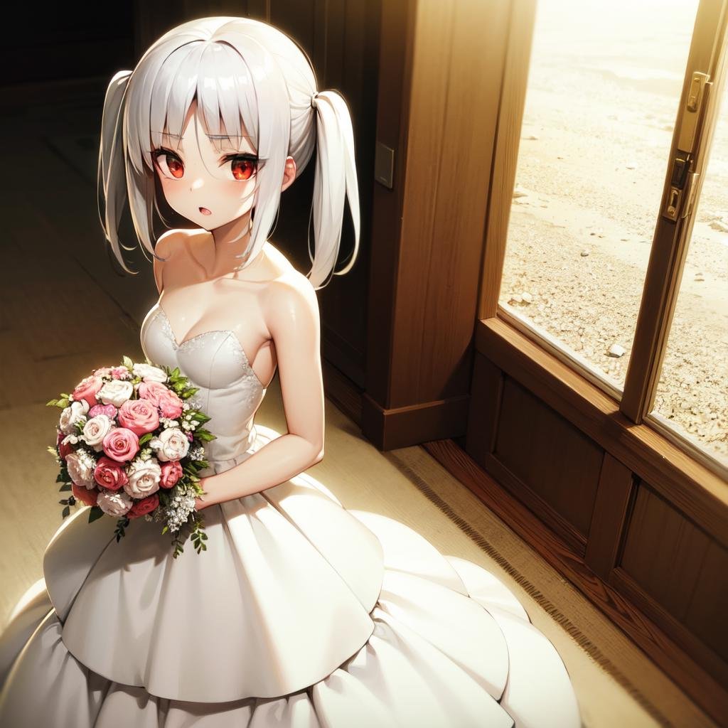 solo, Ayane Ichijou, red eyes, white hair, wedding dress, twintails