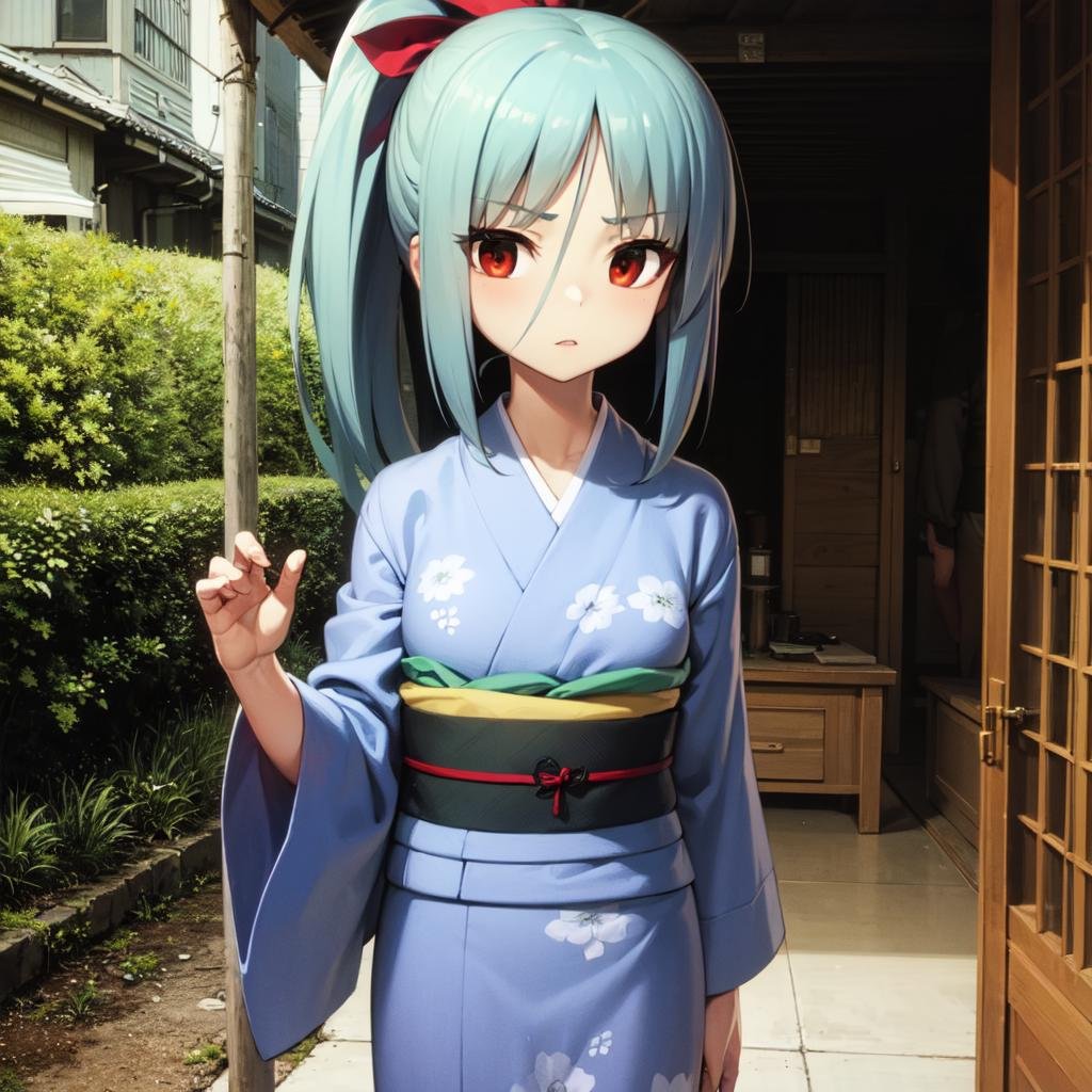 solo, Ayane Ichijou, red eyes, green hair, yukata, ponytail