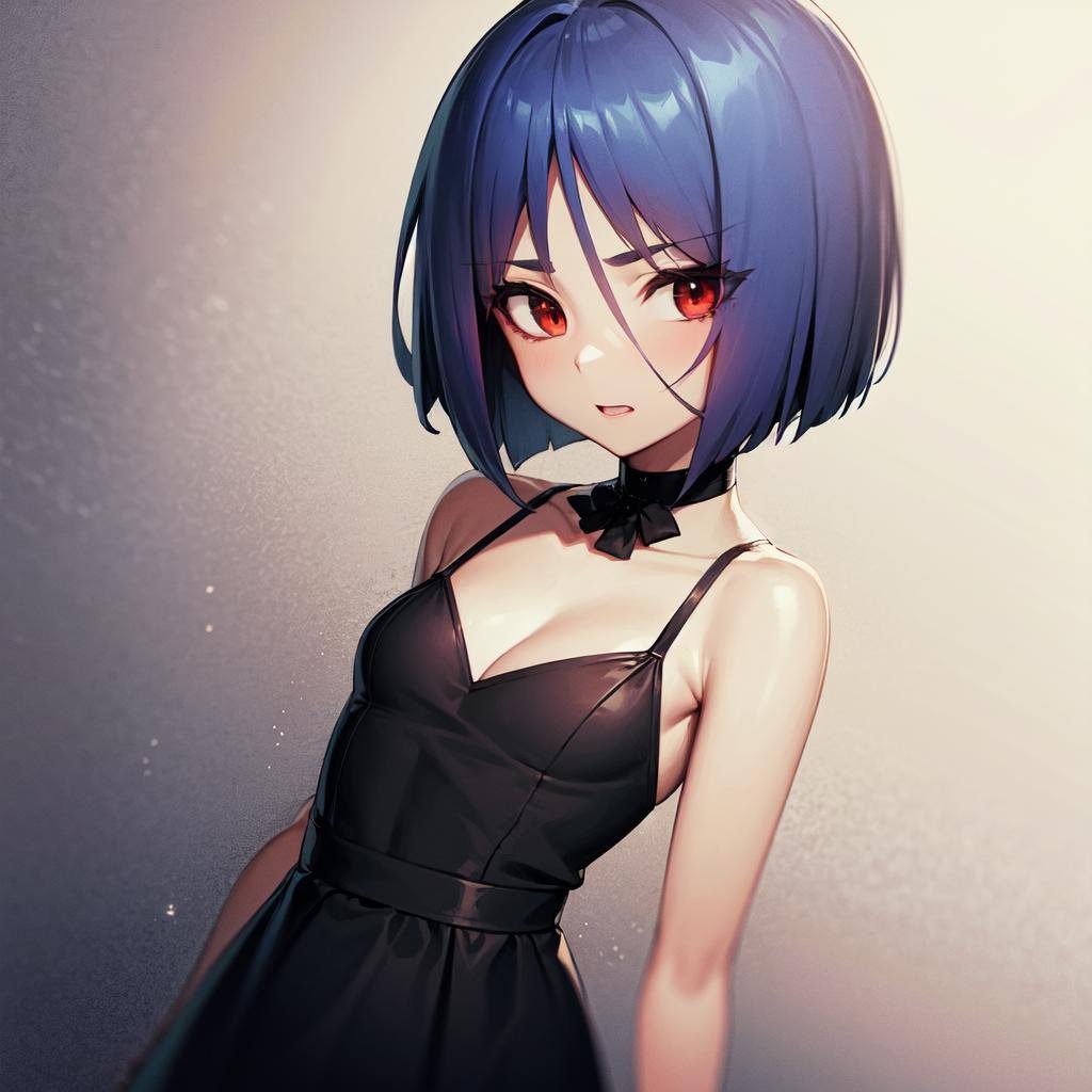 solo, Ayane Ichijou, red eyes, blue hair, short hair, formal, black dress