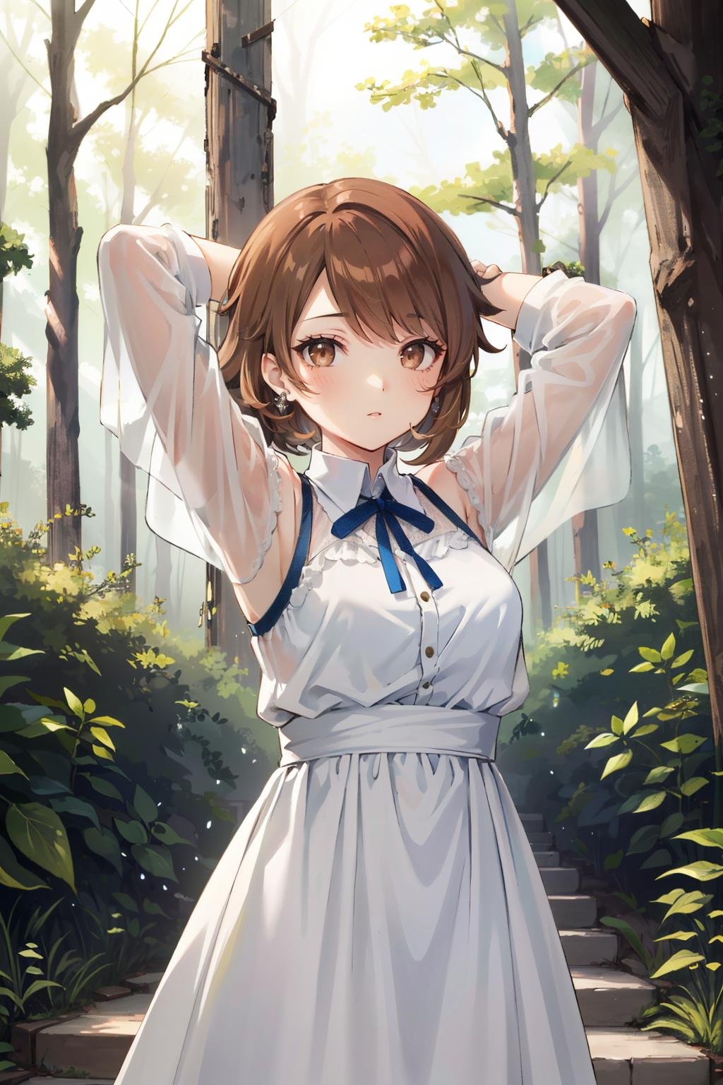 ((masterpiece, best quality))<lora:Persona3Yukari:0.9>Persona3Yukari, 1girl, solo, short hair, brown hair, brown eyes, Deep in a mystical forest, surrounded by ancient ruins, wearing an ethereal, flowing gown, with arms folded 