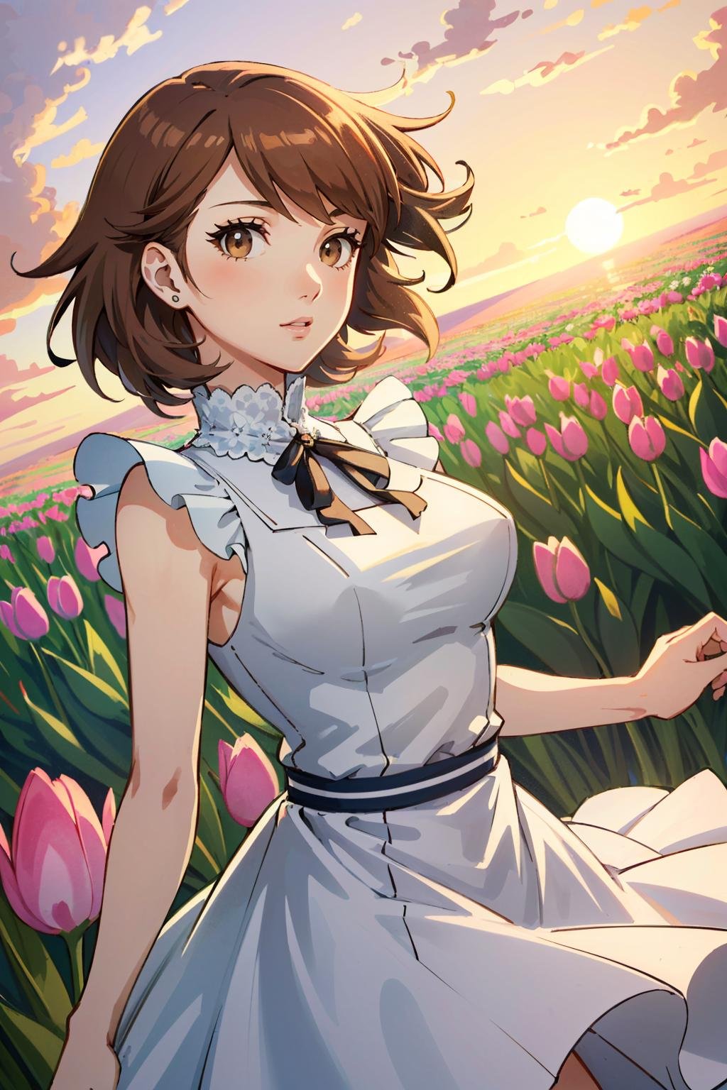 ((masterpiece, best quality)) <lora:Persona3Yukari-000005:0.8>Persona3Yukari, 1girl, solo, short hair, brown hair, brown eyes, In a field of tulips at golden hour, elegant dress, twirling with joy