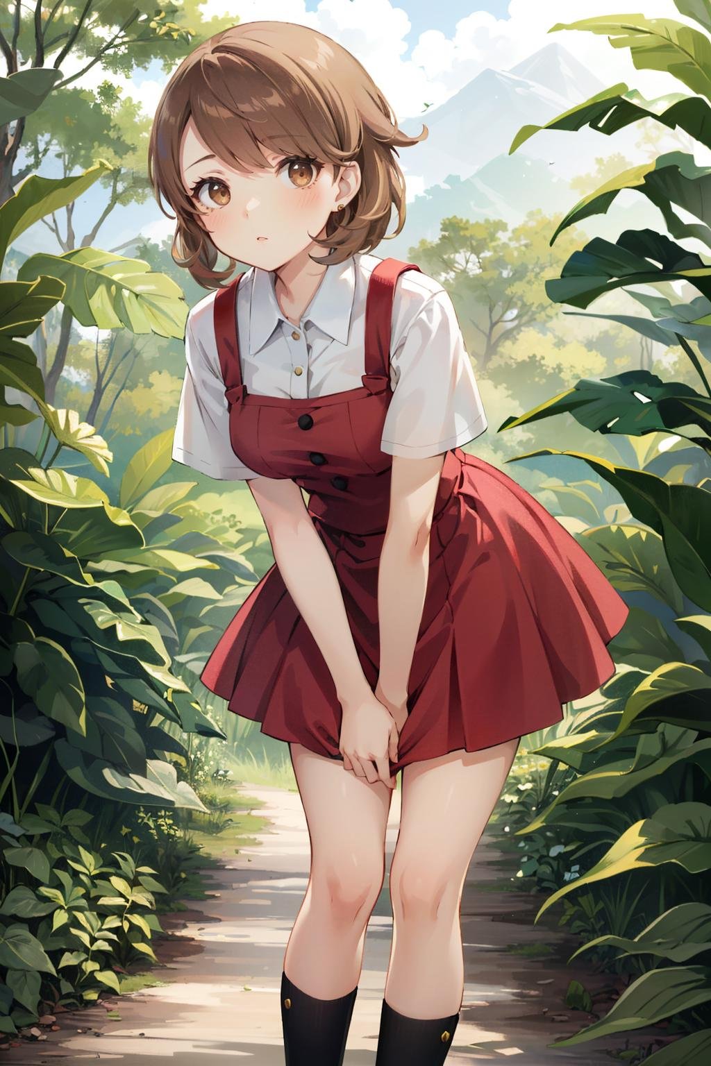 ((masterpiece, best quality))<lora:Persona3Yukari:0.9>Persona3Yukari, 1girl, solo, short hair, brown hair, brown eyes, Amidst a dense rainforest with exotic flowers, leaning forward with hands on knees 