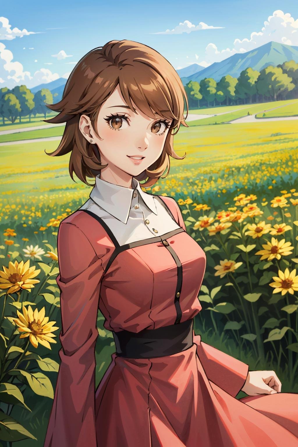 ((masterpiece, best quality))<lora:Persona3Yukari:0.9>Persona3Yukari, 1girl, solo, short hair, brown hair, brown eyes, In a field of wildflowers, wearing a flowing dress, smiling 