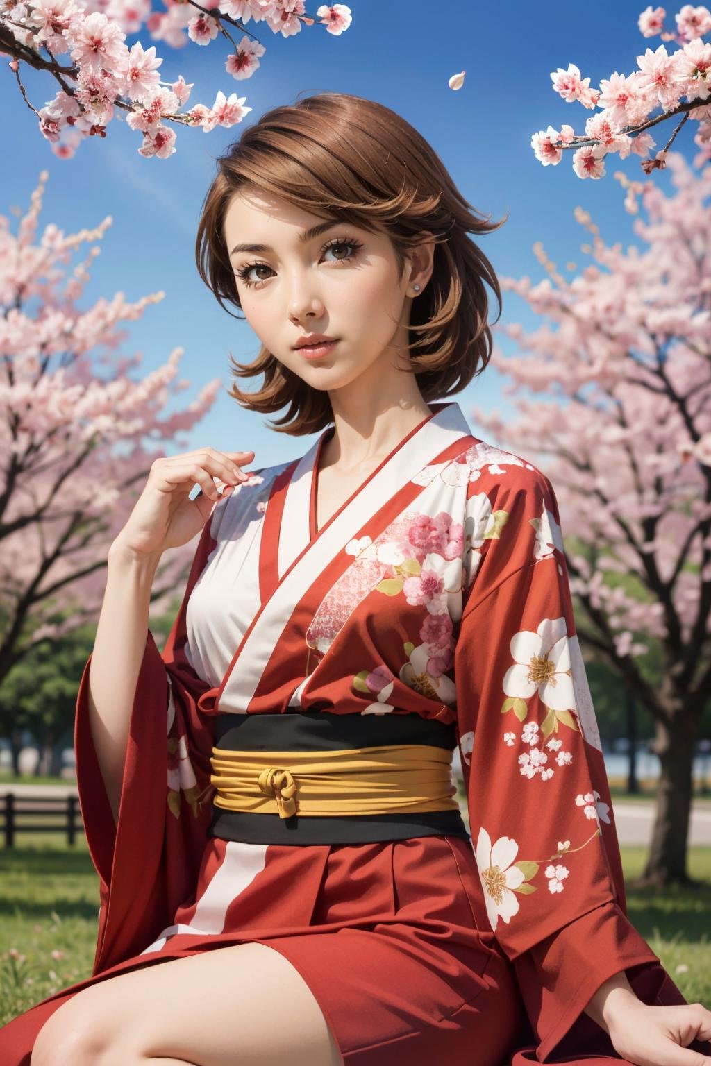 ((masterpiece, best quality))<lora:Persona3Yukari:0.9>Persona3Yukari, 1girl, solo, short hair, brown hair, brown eyes, in a traditional kimono, surrounded by cherry blossoms, one hand on the thigh 