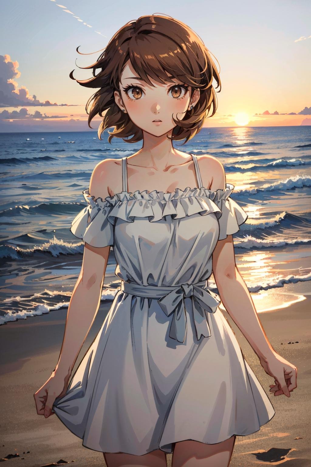 ((masterpiece, best quality))<lora:Persona3Yukari:0.9>Persona3Yukari, 1girl, solo, short hair, brown hair, brown eyes, On a beach during a vibrant sunset, sundress, playing with the waves 