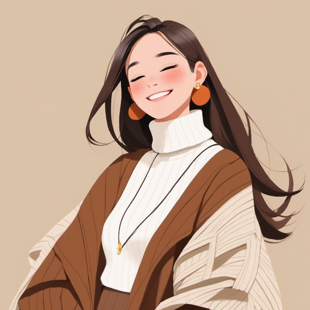 (\ji jian\), 1girl, solo, jewelry, long hair, closed eyes, earrings, smile, sweater, white background, blush, brown hair, simple background, turtleneck sweater, coat, turtleneck, ribbed sweater, brown coat, white sweater, parted lips, upper body, jacket