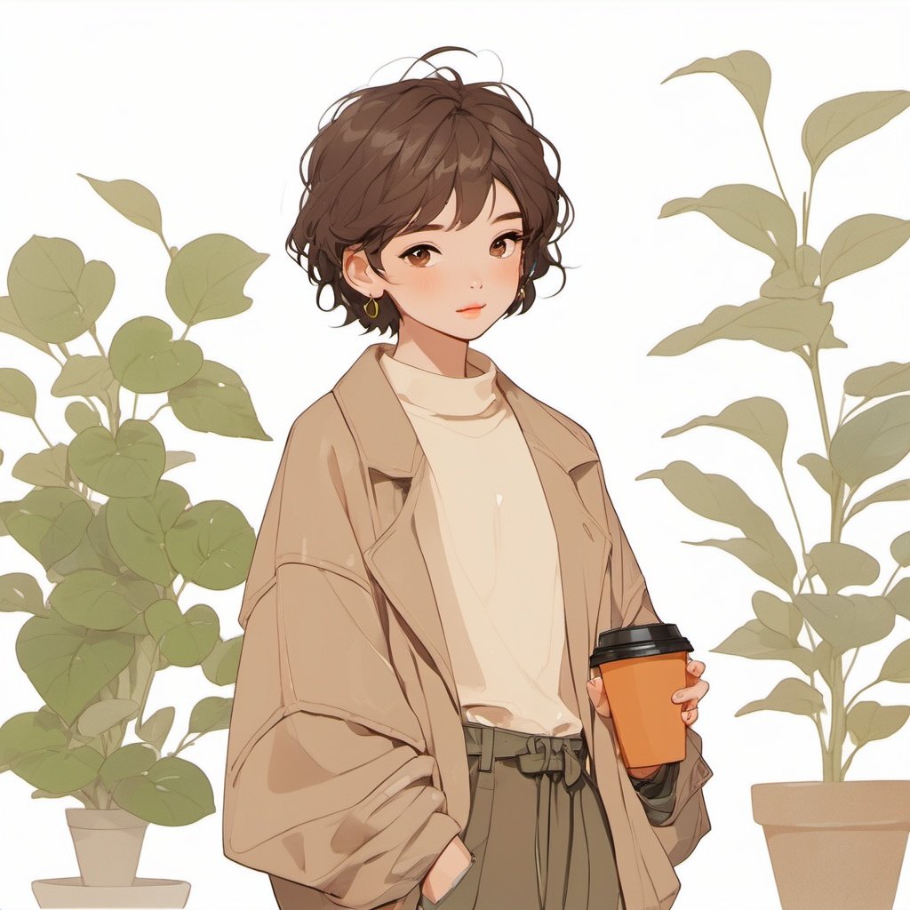 (\ji jian\), 1boy, hoop earrings, jewelry, earrings, cup, holding, plant, full body, brown hair, short hair