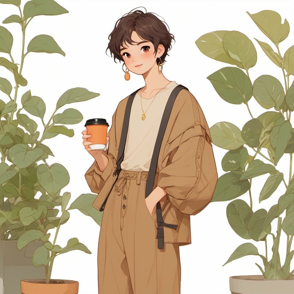 (\ji jian\), 1boy, hoop earrings, jewelry, earrings, cup, holding, plant, full body, brown hair, short hair