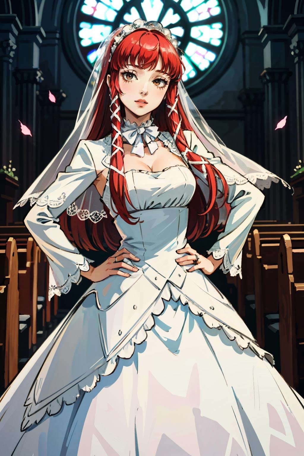 ((masterpiece, best quality))<lora:Persona3Chidori:0.8>Persona3Chidori, 1girl, solo, long hair, red hair, wearing a stunning wedding dress, bridal veil, inside a beautiful church, with hands on hips