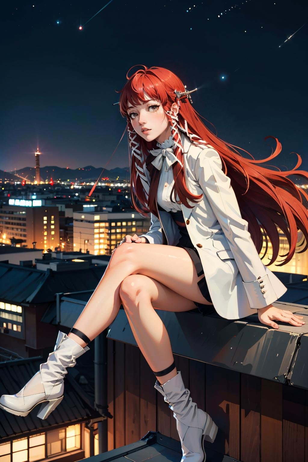 ((masterpiece, best quality))<lora:Persona3Chidori:0.8>Persona3Chidori, 1girl, solo, long hair, red hair, Overlooking the city from a rooftop bar at night, chic outfit, sitting