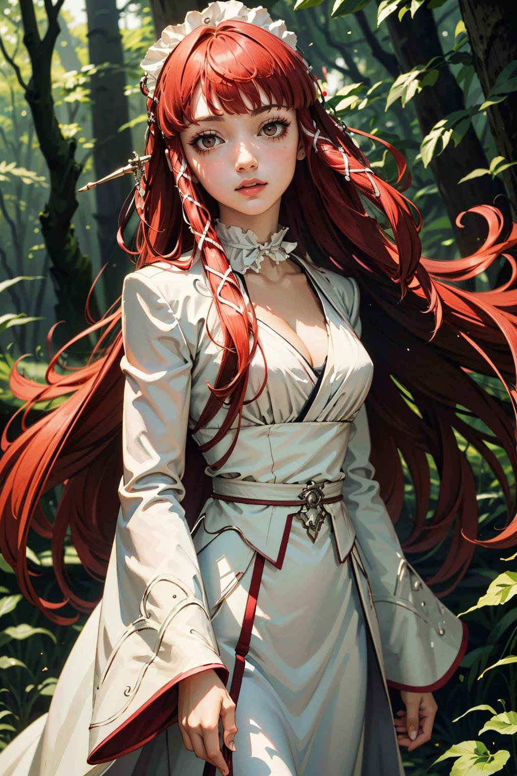 ((masterpiece, best quality))<lora:Persona3Chidori:0.8>Persona3Chidori, 1girl, solo, long hair, red hair, Deep in a mystical forest, surrounded by ancient ruins, wearing an ethereal, flowing gown, with arms folded