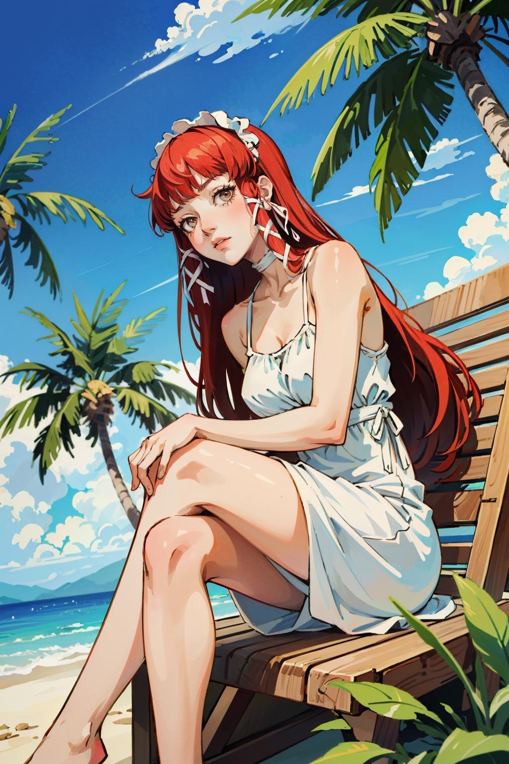 ((masterpiece, best quality))<lora:Persona3Chidori:0.8>Persona3Chidori, 1girl, solo, long hair, red hair, on a tropical island, sundress, palm trees, sitting cross-legged