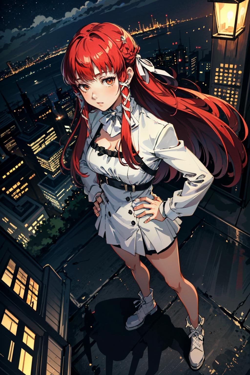 ((masterpiece, best quality))<lora:Persona3Chidori:0.8>Persona3Chidori, 1girl, solo, long hair, red hair, overlooking a cityscape at night from a skyscraper, short dress, standing with hands on hips