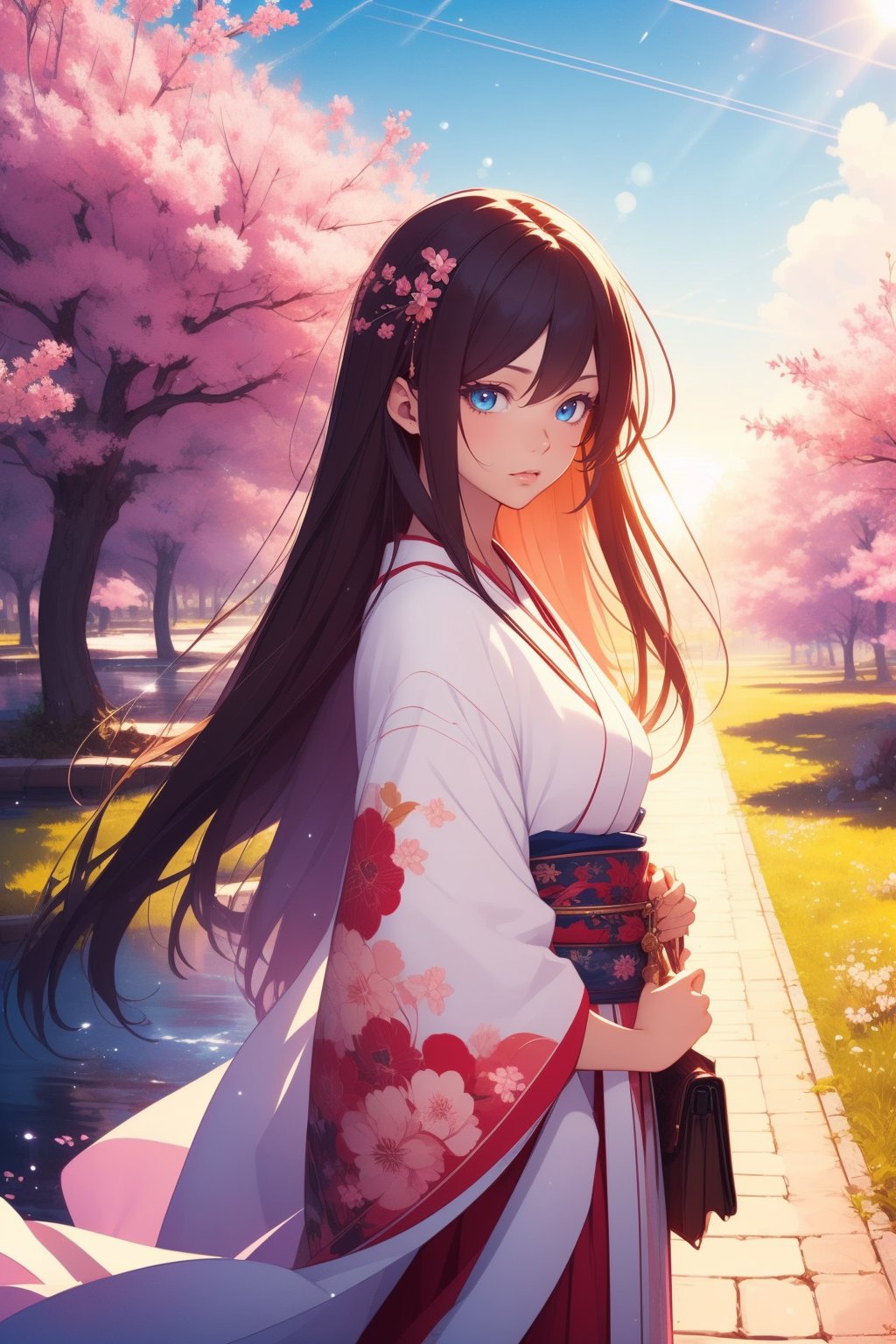 (best quality,  masterpiece:1.4),  high resolution,  extremely details 8K unity CG wallpaper,  (anime style,  2D illustration:1.3),  1 girl,  brown hair,  long hair,  beauty white kimono,  sakura pattern,  cowboy shot,  BREAK details background,  cherry trees background,  fantasy tone,  sky,  sun,  sunbeam,  lens flare, <lora:EMS-79527-EMS:0.800000>