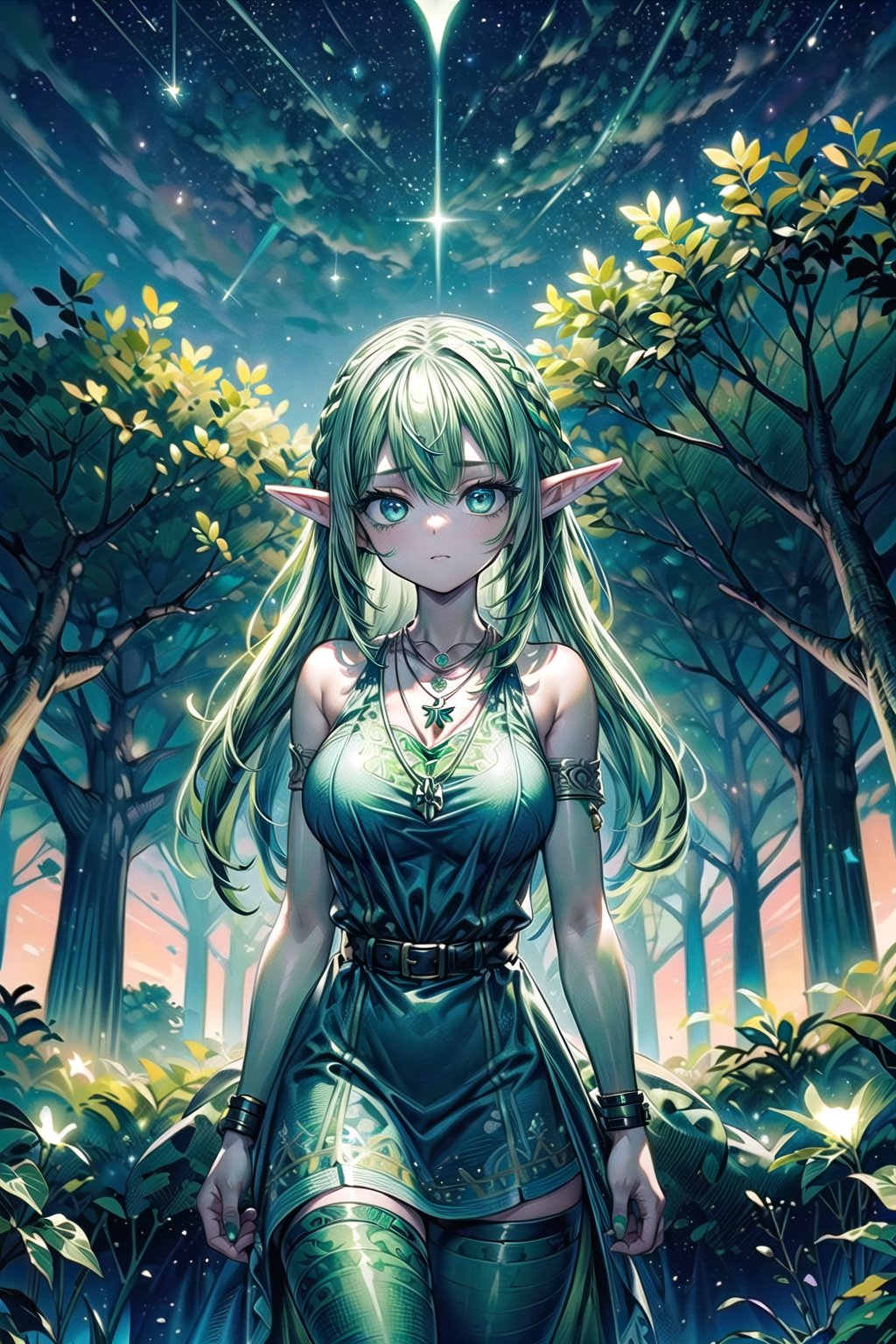 Masterpiece, best quality, (ultra detailed, intricate detailed:1.5), (8K:1.5), perfect anatomy, (detailed outfit), vivid colors, high resolution, highly detailed, detailed background, cinematic light, one girl (green hair:1.8), (big blue eyes:1.5), (medium breast :1.3), (elf dress:1.5) (long hair), (necklace:1.5), background (park:1.5), (sky:1.5), (stars:1.3), (night sky:1.3 ), (girl on a tree:1.5)