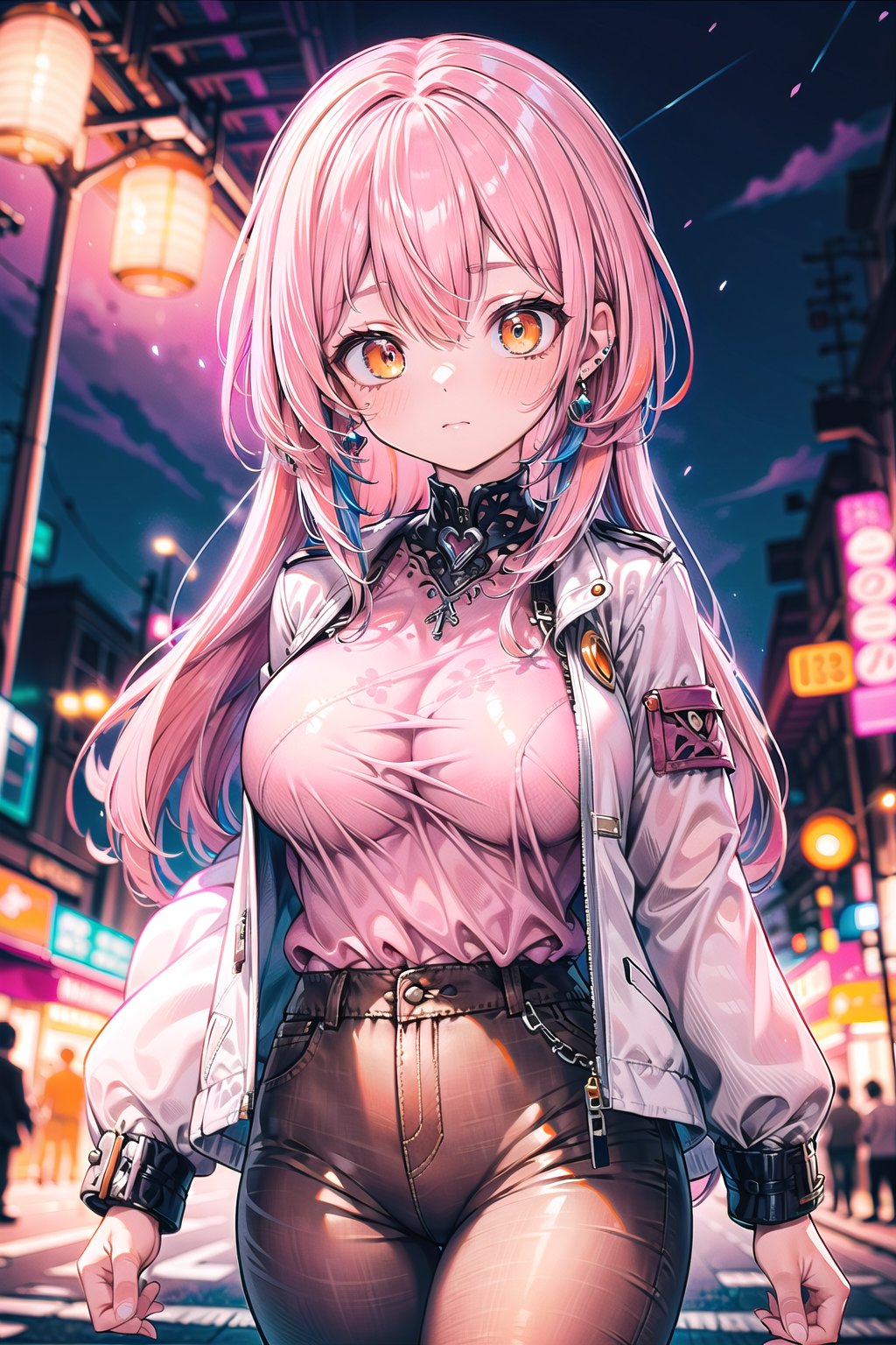 Masterpiece, best quality, (ultra detailed, intricate detailed:1.5), (8K:1.5), perfect anatomy, (detailed outfit), vivid colors, high resolution, highly detailed, detailed background, cinematic light, one girl (pink hair:1.8), (big orange eyes:1.5), (medium breast :1.3), (brown pants:1.5), (white jacket:1.5) (long hair), (earings:1.3), (bracklet:1.5), background (fireflys:1.5), (sky:1.5), (street lights:1.3), (night sky:1.3 ), (on a tree:1.5)