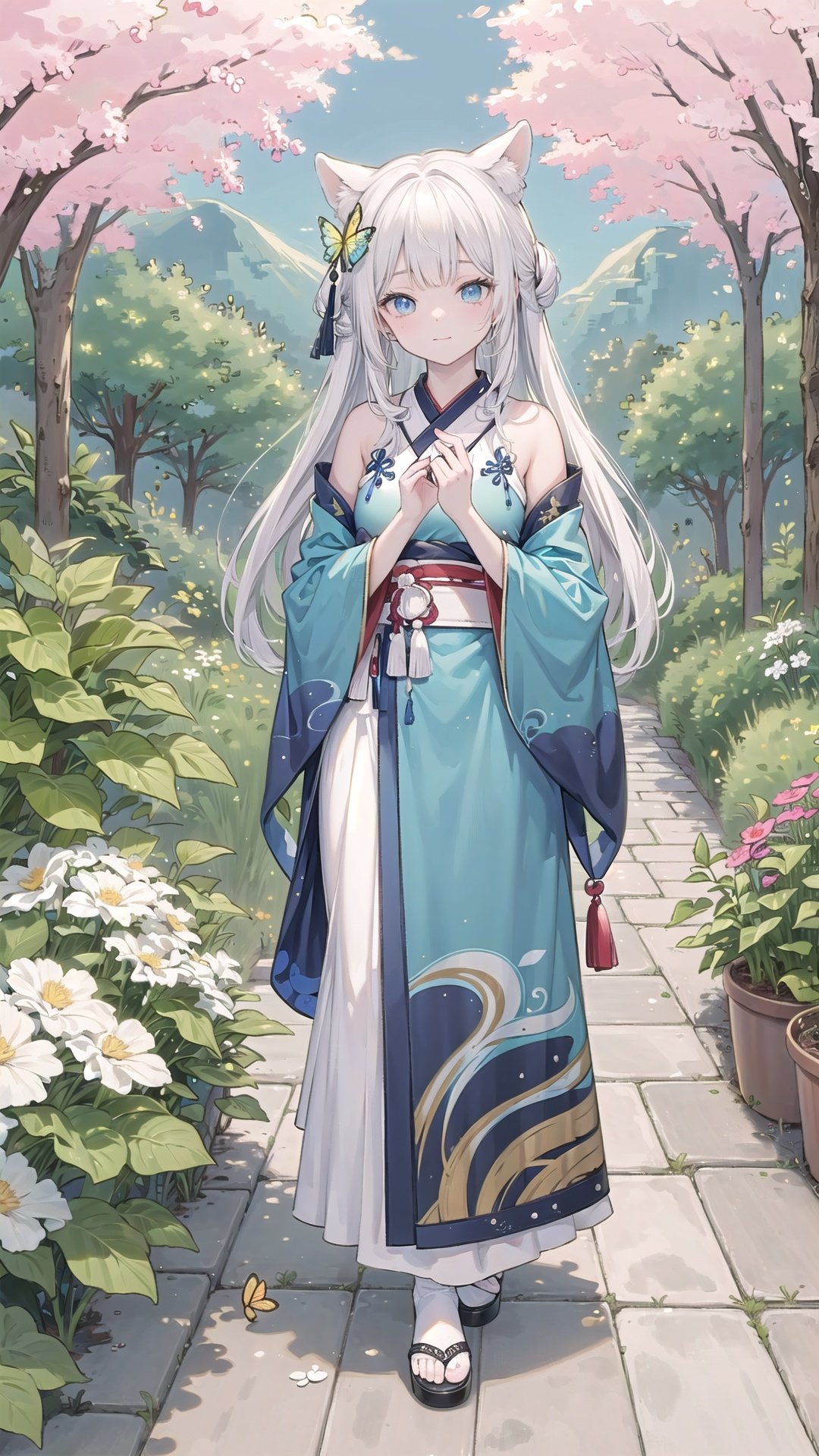  qzzhiyu,blue ru_qun,best_quality,head,original_outfit,hanfu,clear details,masterpiece, best_quality, clear details,1girl,garden background,, butterfly on finger,blue eyes,white hair,long hair,big eyes ,yuzu, cozy animation scenes