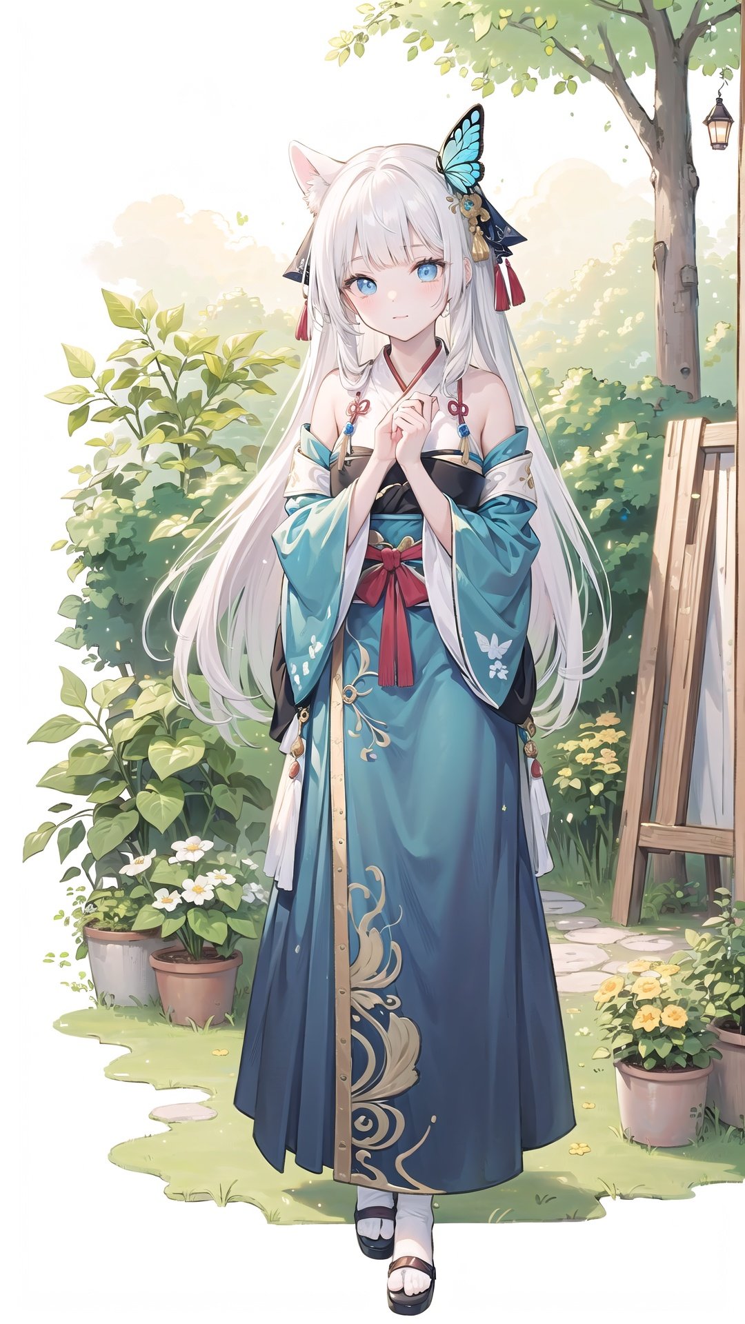  qzzhiyu,blue ru_qun,best_quality,head,original_outfit,hanfu,clear details,masterpiece, best_quality, clear details,1girl,garden background,, butterfly on finger,blue eyes,white hair,long hair,big eyes ,yuzu, cozy animation scenes