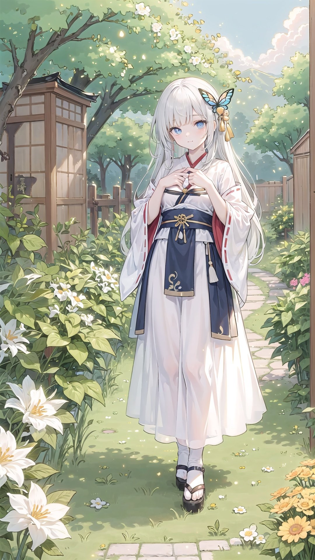  qzzhiyu,blue ru_qun,best_quality,head,original_outfit,hanfu,clear details,masterpiece, best_quality, clear details,1girl,garden background,, butterfly on finger,blue eyes,white hair,long hair,big eyes ,yuzu, cozy animation scenes