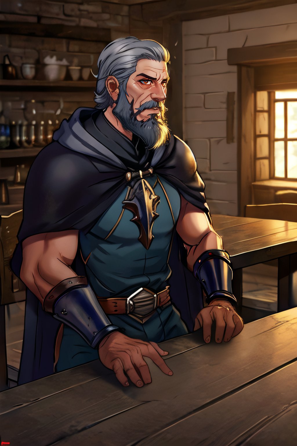 1boy, old man, beard, natural grey hair, tired gaze, dark cloak, leather armor, rogue, dimly-lit room, tavern, wooden table, waist up, sitting, best quality,  <lora:andava:0.8>