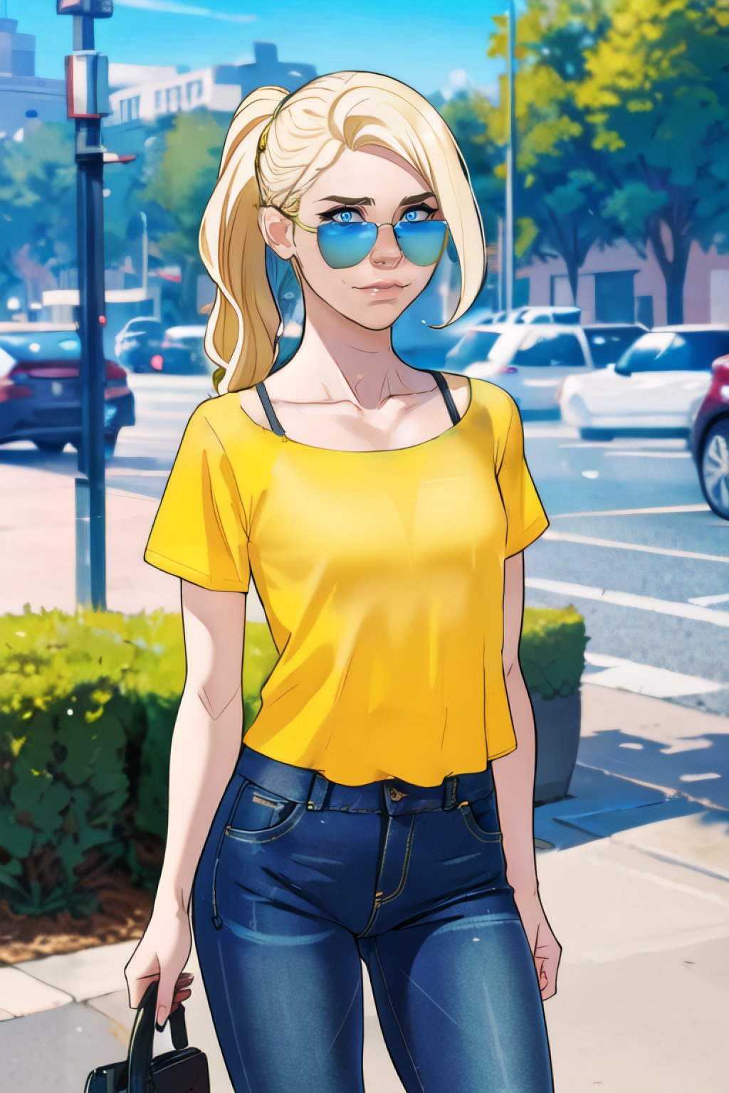 1girl, neutral facial expression, blonde ponytail, plain yellow t-shirt, sunglasses, jeans, park, sunny day, outdoors, best quality, <lora:andava:0.8>