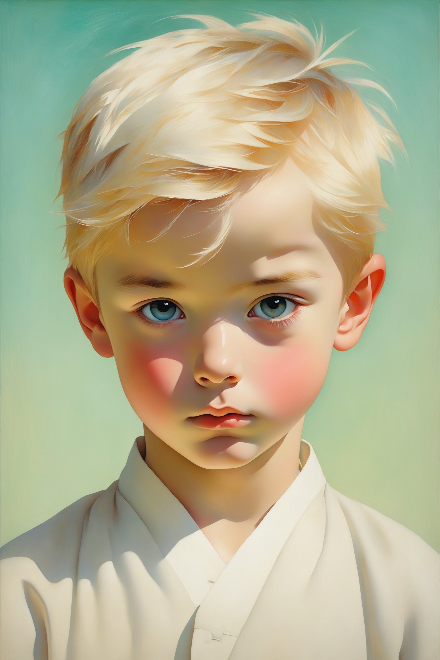 (best quality,ultra-detailed,realistic:1.37),(minimalism style, Scandinavian) portrait of a (1boy) with tousled (Alabaster) hair wearing an (Ascot cap). The focus of the artwork is on the boy's (lip) which is delicately painted in vibrant colors. The background features a subtle fluorescent gradient, adding a touch of modernity to the piece. The overall composition is clean and simple, adhering to the principles of minimalism. The use of (niji style) enhances the artistic quality of the portrait, creating a sense of depth and dimension. The boy's facial features are beautifully rendered to showcase his youthful innocence and captivating gaze. The artwork is a (masterpiece) of high resolution, capturing every fine detail with precision.