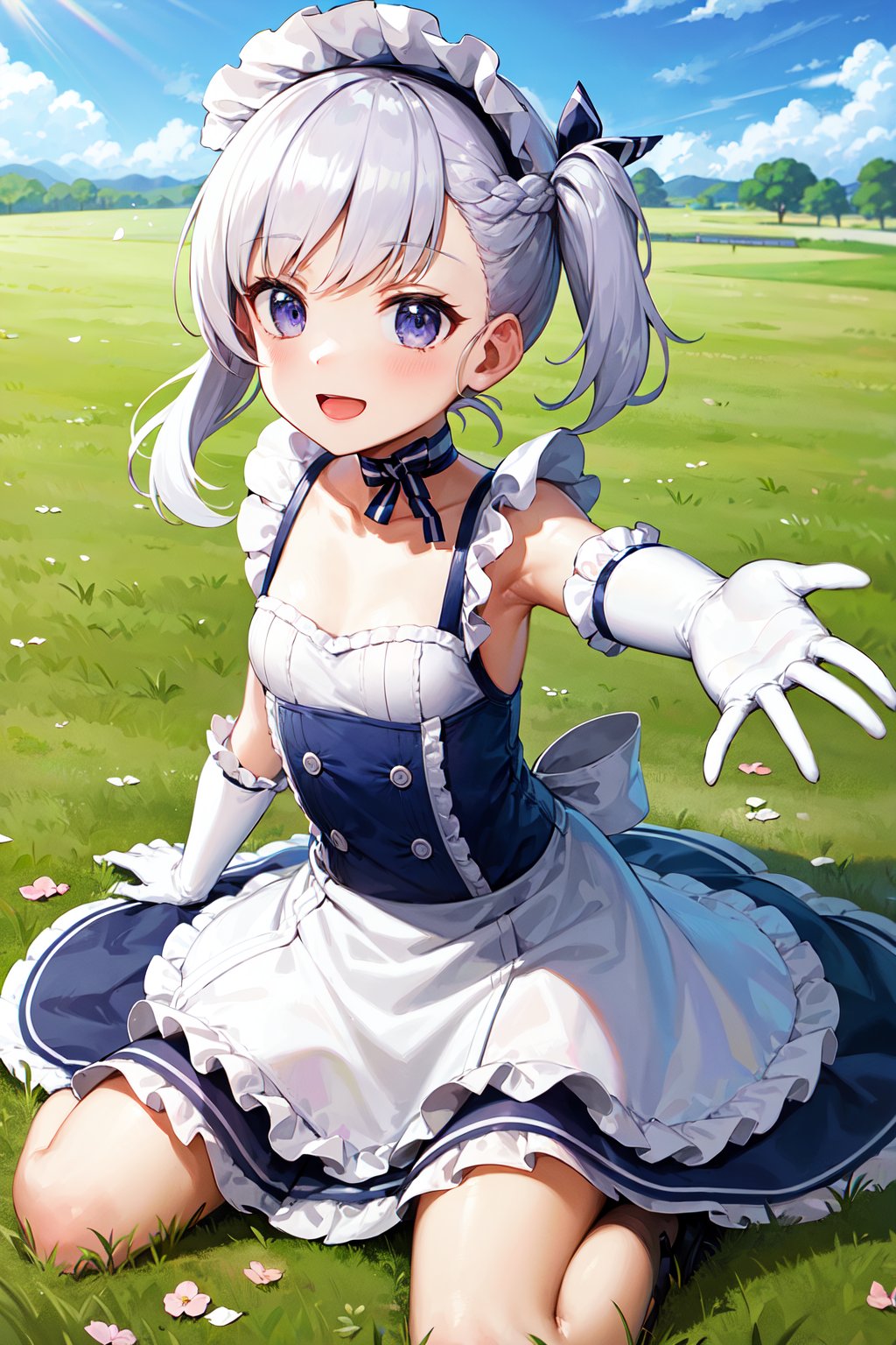 masterpiece, best quality, highres, bbbelfast, aged down, small breasts, maid headdress, blue choker, blue ribbon, frills, maid, sleeveless, white apron, waist apron, white gloves, elbow gloves, <lora:belfast_(azur_lane)_v1:0.7>, field, grass, petals, reaching out, outstretched arms, smile, open mouth, wariza