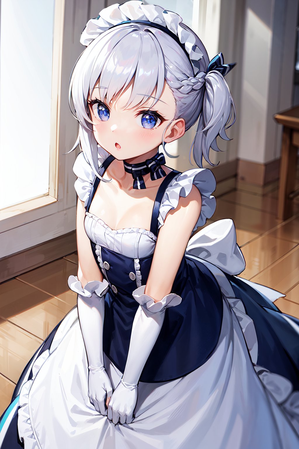 masterpiece, best quality, highres, bbbelfast, aged down, small breasts, maid headdress, blue choker, blue ribbon, frills, maid, sleeveless, white apron, waist apron, white gloves, elbow gloves, <lora:belfast_(azur_lane)_v1:0.7>, indoors, standing, :o
