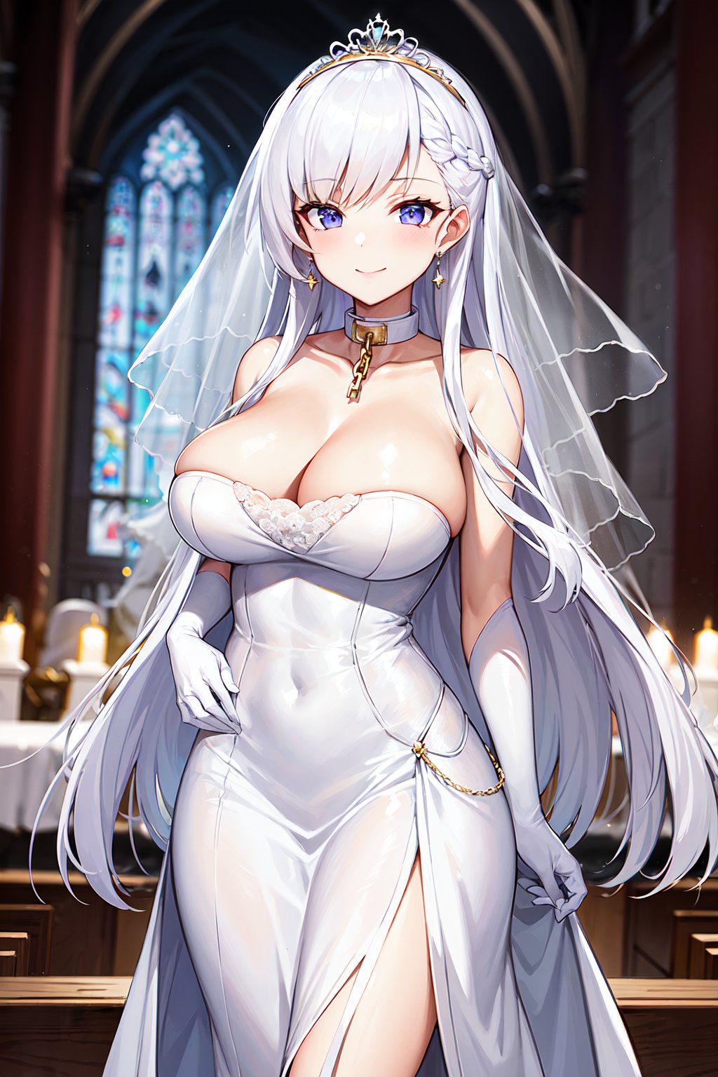 masterpiece, best quality, highres, aabelfast, long hair, french braid, tiara, bridal veil, earrings, metal collar, gold chain, cleavage, collarbone, bare shoulders, strapless, wedding dress, white dress, white gloves, <lora:belfast_(azur_lane)_v1:0.7>, church, standing, cowboy shot, smile